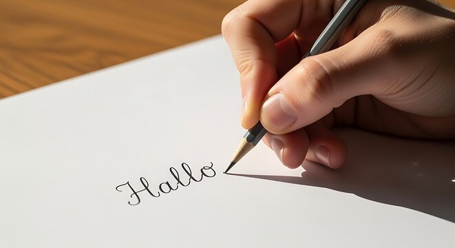 Close-up of hand writing 'Hallo' in cursive script on white paper with pen