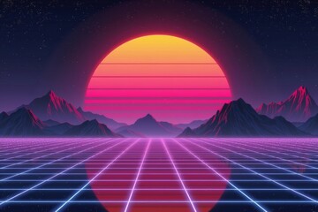How about a cyberpunk-inspired retro sci-fi grid with neon colors glowing in the night and sunset sky, evoking a vintage 80's and 90's synthwave aesthetic?