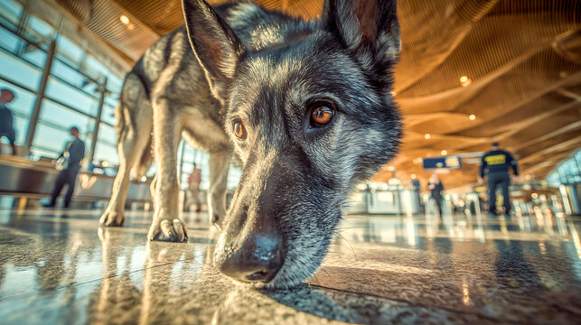 German Shepherd Sniffing in Modern Airport Terminal - Powered by Adobe