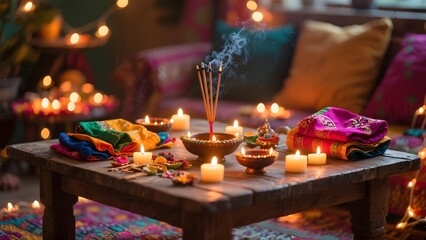 Diwali table with lights, material and accessories related to the celebration. 