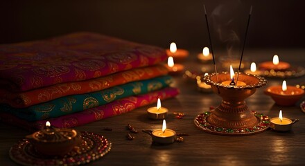 Diwali table with lights, material and accessories related to the celebration. 