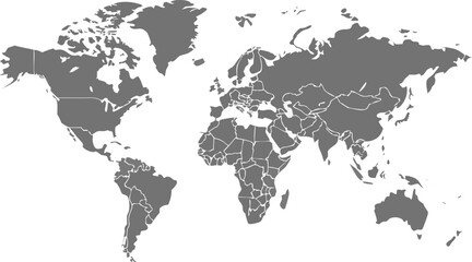 Flat gray world map with country borders on white background global geography