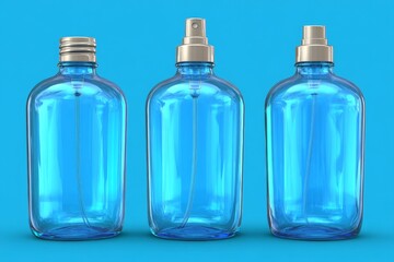 Clear blue spray bottles arranged neatly against a vibrant blue background showcasing various nozzle designs