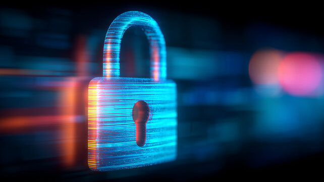 A holographic padlock streaks through a vibrant digital backdrop, visualising high speed data protection in today’s ever moving information highways.