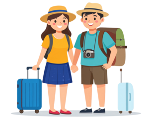 Happy tourist couple in summer clothes on transparent background