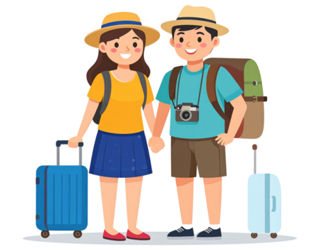 Happy tourist couple in summer clothes on transparent background