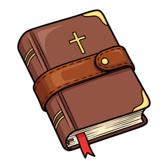 Vector Catholic Bible with a cross, tied with a brown leather strap. Vector flat design cartoon. AI generated images.