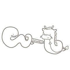 今年の干支のバトンをリレーで渡すタツと受け取るヘビ　白黒