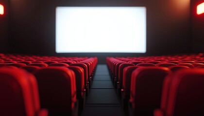 Fototapeta premium Red Seats Premiere Screen In Cinema With Graphic Novel Motif. Perfect For Your Movie Night Experience At The Theater.