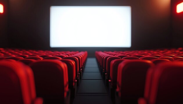Red Seats Premiere Screen In Cinema With Graphic Novel Motif. Perfect For Your Movie Night Experience At The Theater. - Powered by Adobe