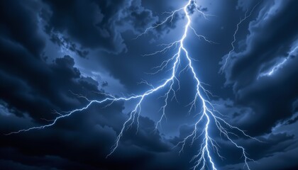 Vivid lightning bolt striking through dark storm clouds nature phenomenon thunderstorm environment dynamic viewpoint