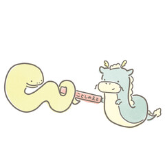 今年の干支のバトンをリレーで渡すタツと受け取るヘビ