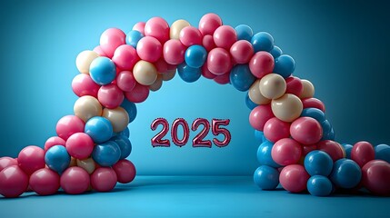 Colorful balloon arch announces the arrival of 2025