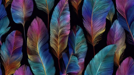 Vivid, digitally-rendered feathers in hues of blue, purple, and yellow against a black background