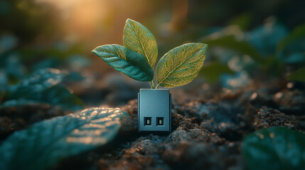 Green plant growing from USB port symbolizing concept of harmonious connection between modern technology and nature
