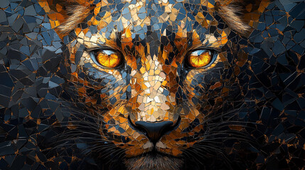 Surreal depiction of fierce leopard adorned with golden abstract patterns, expressing strength and mystery in vivid detail