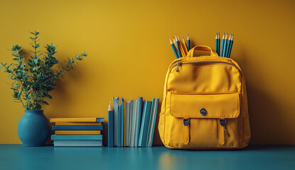 School backpack filled with colorful pencils alongside stacked book supplies on table, back to school concept