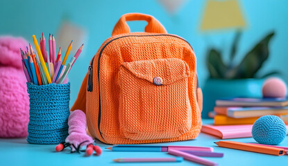 School backpack filled with colorful pencils alongside stacked book supplies on table, back to school concept