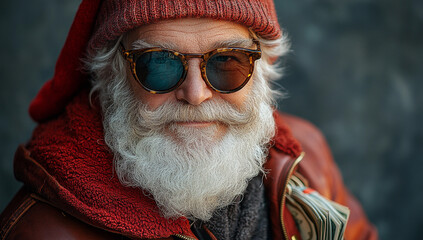 Stylish cool santa man with white beard sunglasses dressed in red costume festive and modern holiday xmas mood