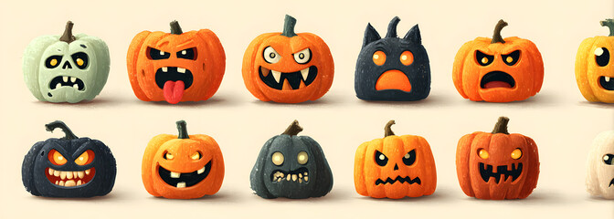 Obraz premium Halloween pumpkin faces generator. Vector cartoon pumpkin with scared and smiley faces. Illustration halloween scared face, pumpkin smiley