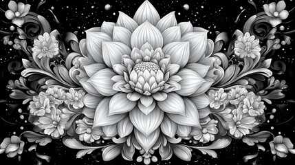 Intricate black and white mandala with detailed floral patterns and symmetrical petals, ideal for artistic and spiritual designs