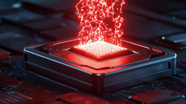 Futuristic CPU Processor Ignites with Red Energy Showcasing Advanced Technology and Power.