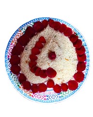 Decorated Traditional Rice Dish with Rose Petals – Indian Festive Food on Colorful Plate | Transparent PNG traditional Indian rice dish decorated with red rose petals
