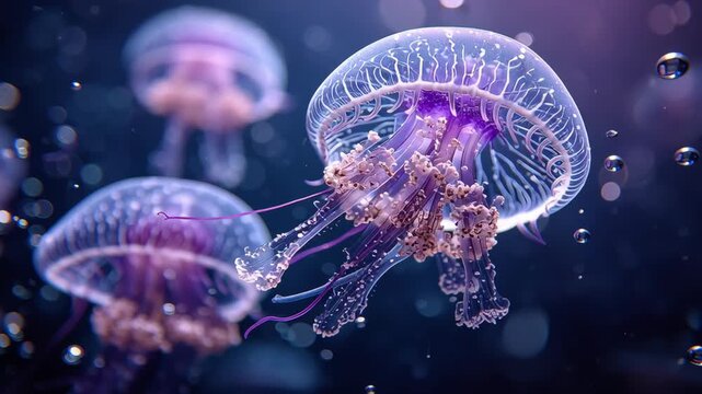 Glowing Jellyfish with Transparent Flowing Arms Gracefully Swim in Deep Ocean Depths, Showcasing Delicate Marine Beauty and Intricate Patterns