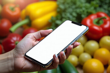 Hand use mobile phone with blank screen, blurred vegetables in background. Online shopping. AI