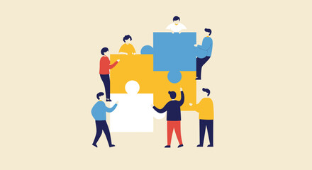 Illustration depicts a group of people assembling a large jigsaw puzzle together, teamwork.