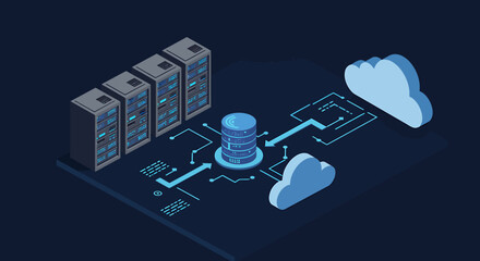 Isometric illustration depicting server racks, a central database, and cloud computing elements, connected by data pathways.