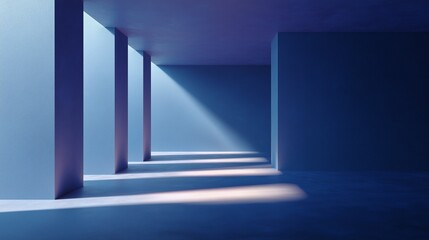 Obraz premium Light casts soft shadows in a minimalist room with blue walls and geometric architecture creating a calm atmosphere