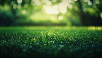 Naklejka premium Lush Green Grass Field With Blurred Park Background In The Spring And Summer Seasons, Enhanced By A Vintage Filter.