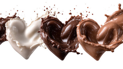 Obraz premium Set of Chocolate Heart-Shaped Splashes in Liquid Wave Motion on Transparent Background