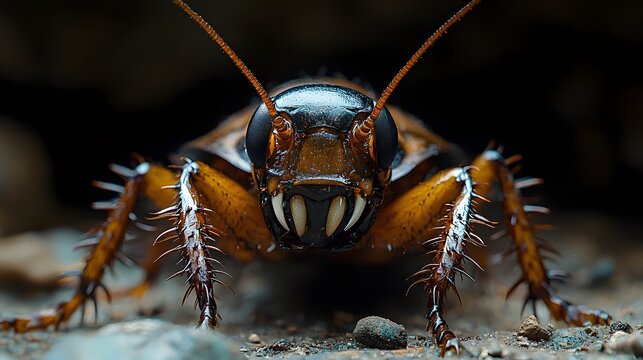 Detailed close up of a cockroach s face and mandibles