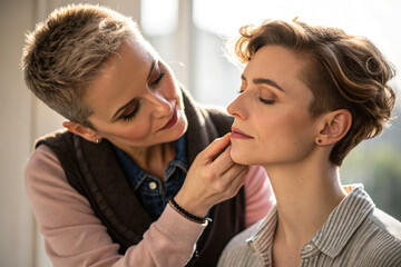 Makeup artist applies makeup in natural light. Lifestyle, advertising, beauty blog.
