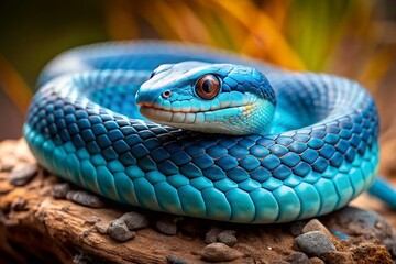 Fototapeta premium Serene Blue Snake: Mystical Reptile on Earthy Surface - Stock Photo