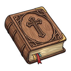 Catholic Bible vector made of carved wood, classic and meaningful design. Vector flat design cartoon. AI generated images.