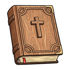 Catholic Bible vector made of carved wood, classic and meaningful design. Vector flat design cartoon. AI generated images.