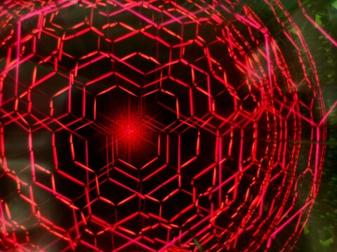 Red glowing hexagons radiate from the center over a dark background. Futuristic digital design perfect for tech, innovation, and gaming visuals.