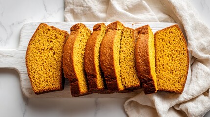 Moist pumpkin bread sliced and aligned neatly for an elegant fall vibe.