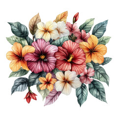 Vibrant Watercolor Floral Arrangement with Diverse Tropical Blooms and Leaves