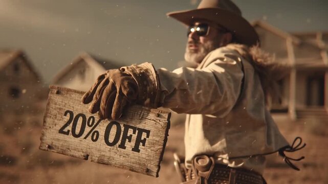 A rugged cowboy hand worn leather gloves holds aged wooden sign burnt edges reading 20% OFF old serif font. Desert town rolls past, warm sunset sepia western cinematic look, dust particles air