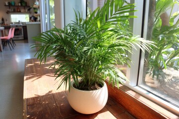 Fototapeta premium Lush green plant in a bright, modern home with large windows filtering sunlight