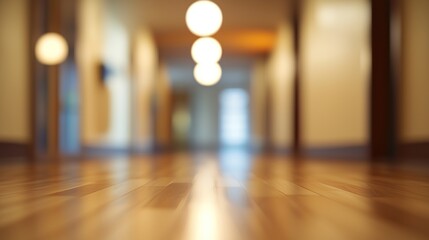 Fototapeta premium Abstract Blurred Interior: Warm Wooden Floor and Ambient Lighting in a Modern Hallway