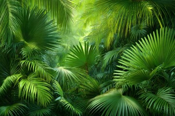 Lush tropical vegetation with diverse palm leaves bathed in soft sunlight in a dense rainforest setting