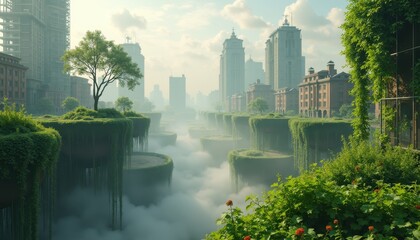 Fototapeta premium Futuristic Cityscape with Lush Greenery and Misty River Views Under Clear Blue Sky in a Modern Urban Landscape