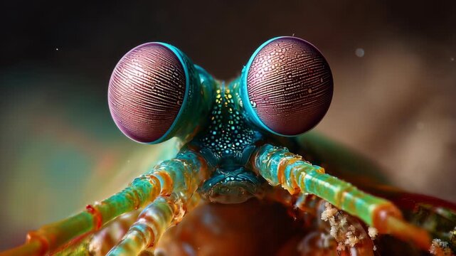 Vibrant Macro Shot of Mantis Shrimp Compound Eyes Showcases Intricate Details and Vivid Colors in Marine Life with Colorful Fractal Patterns