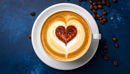 Heart-Shaped Latte Art on a Blue Background