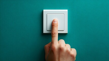 A hand switches a light switch on a teal wall.